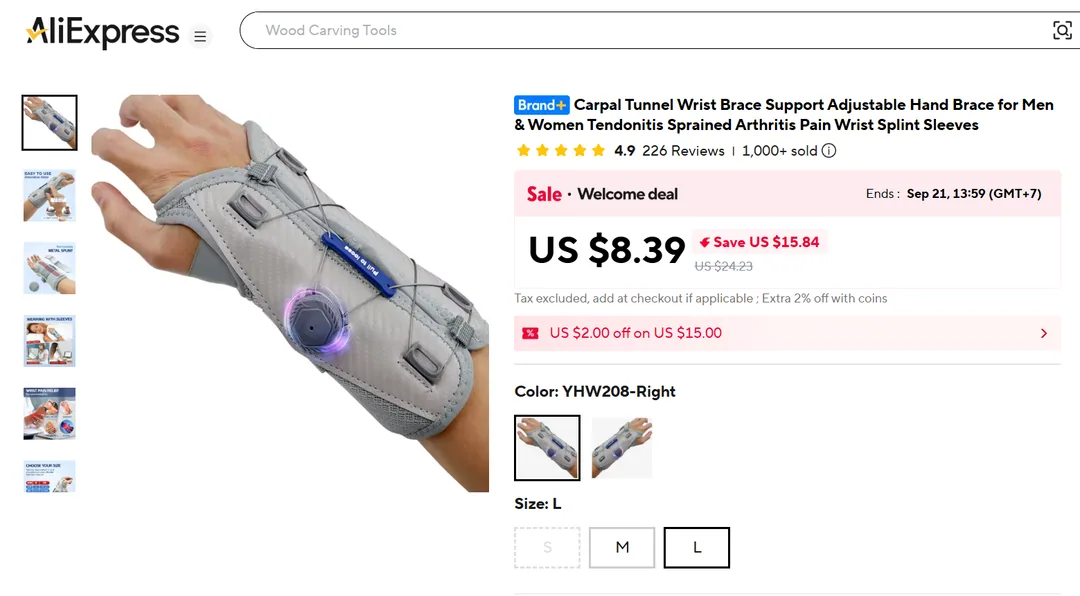 The AliExpress listing for the carpal tunnel wrist brace this ad was generated from